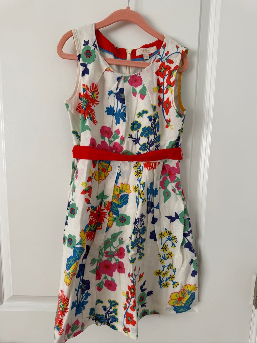 Mini Boden White Floral Dress with Red Belt and Multicolor Print